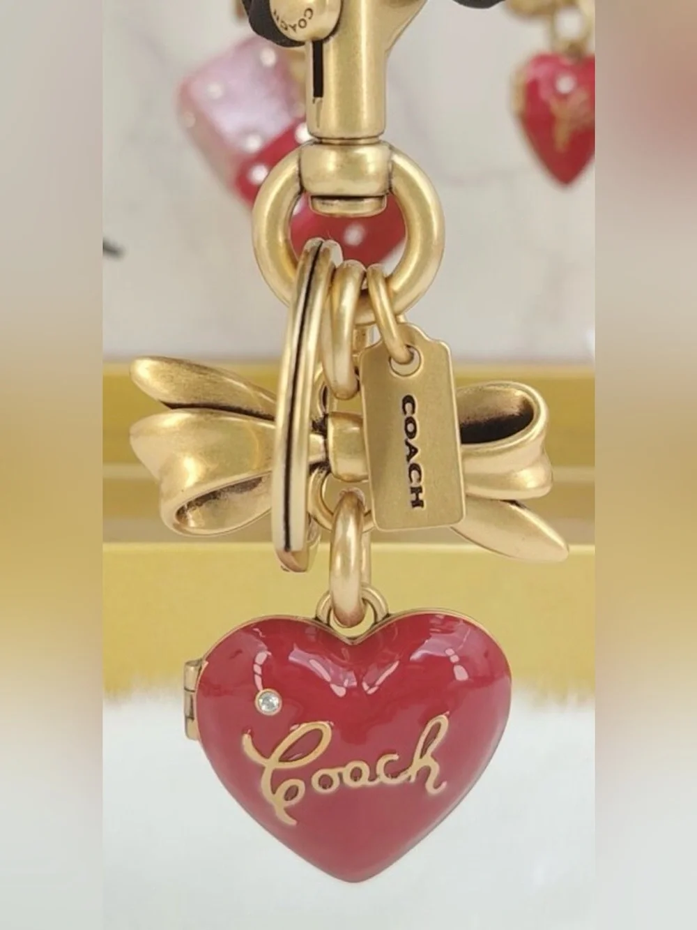 Coach Gold Bow and Red Heart Locket Charm Keychain